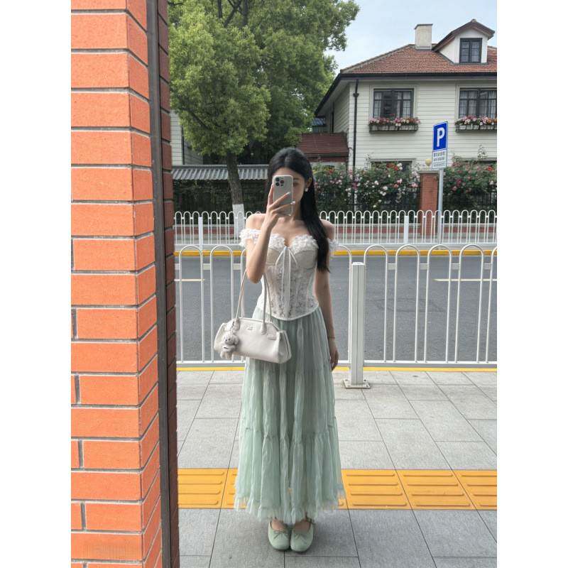 纯欲风蕾丝鱼骨抹胸上衣+高腰网纱半身裙两件套收腰吊带背心套装