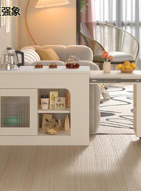 J45奶油风岩茶桌带轮可伸缩矮柜泡桌侧沙板发边茶柜边柜小茶台J45