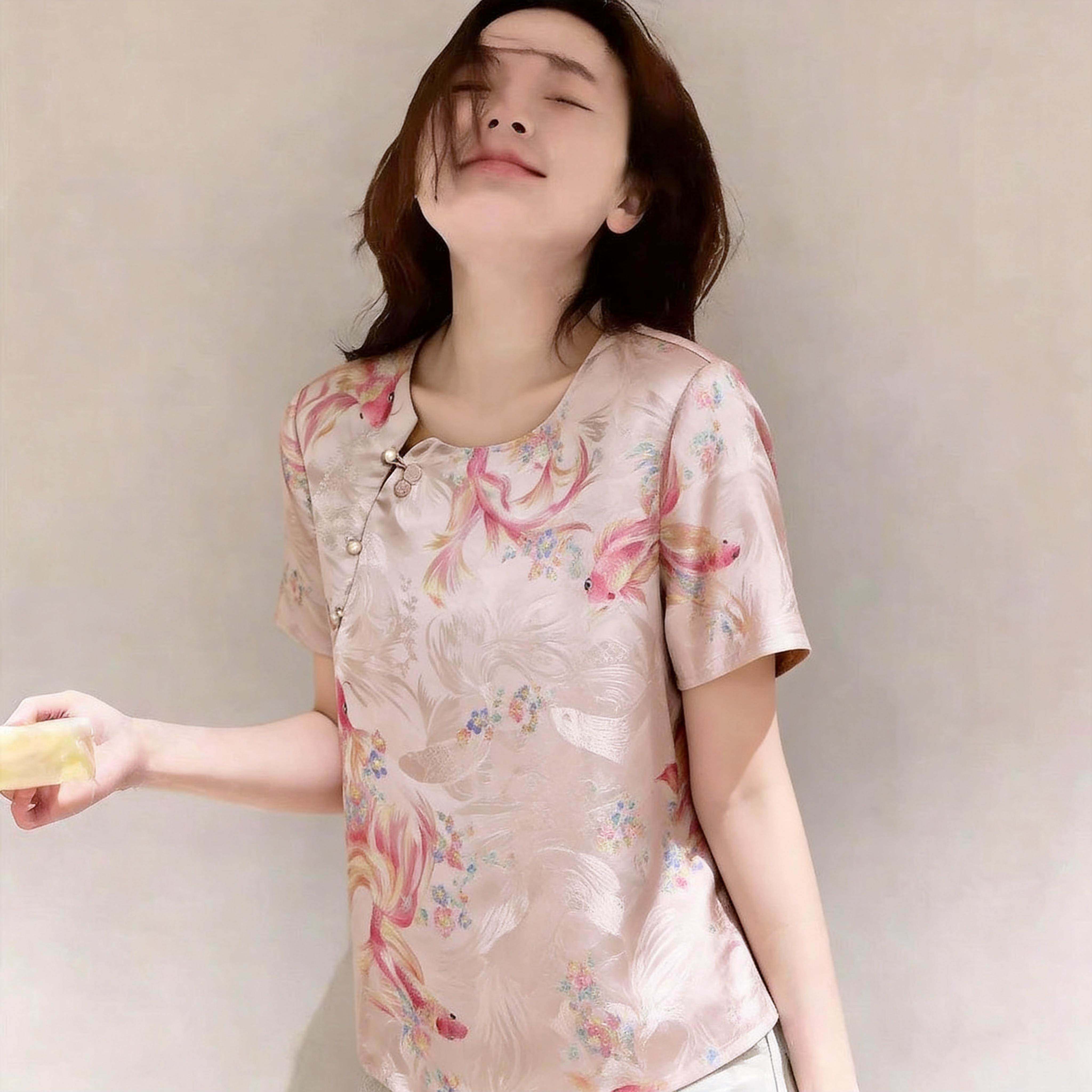 高端新中式国风夏季气质时尚显瘦短袖上衣女夏季新款花色唐装小衫