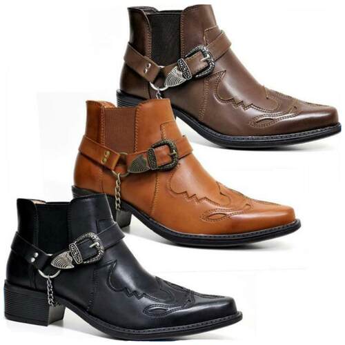Vintage Cowboy Boots for Men Leather High Top Iron Chain Buc
