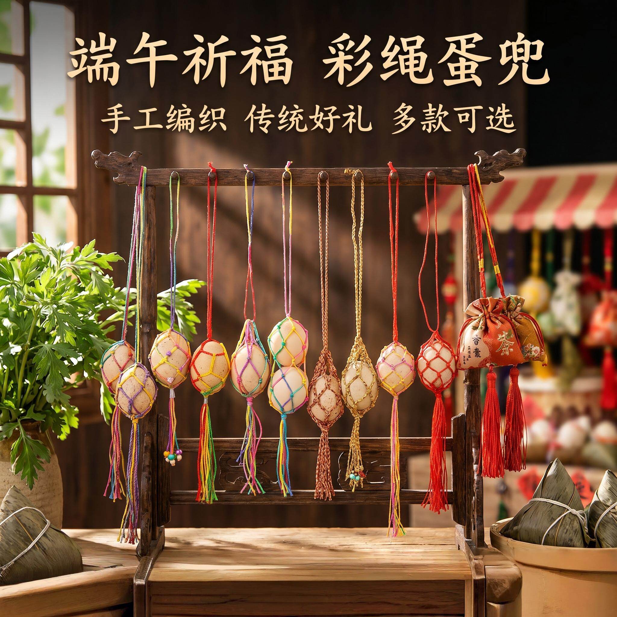 立夏端午节五彩绳手工编织成品蛋兜三月三蛋袋幼儿园儿童挂脖蛋网
