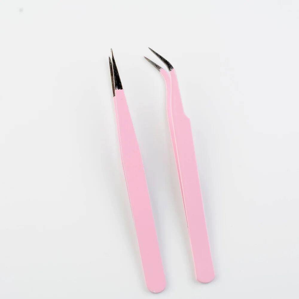 Stainless Steel Pink Straight Bend Tweezer For Eyelashes Ext - 实物图