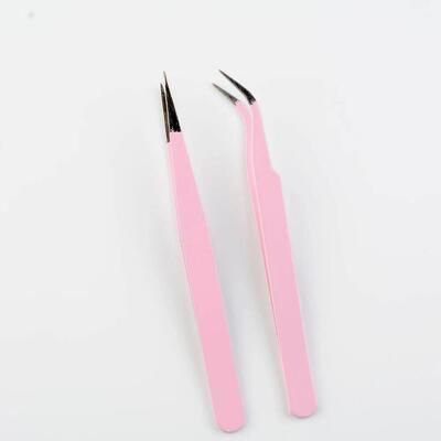 Stainless Steel Pink Straight Bend Tweezer For Eyelashes Ext