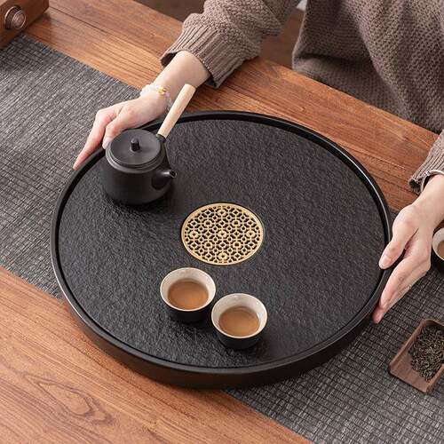 圆形天然乌金石茶盘茶海储排两用轻奢沥水简约小型干泡台家用托盘