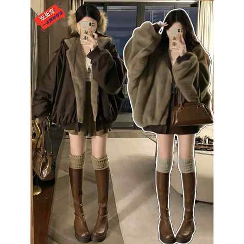 两面穿连帽加绒加厚外套女2025冬季新款宽松百搭保暖羊羔毛绒棉服