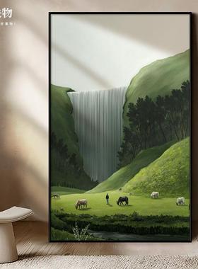 色草原风景手绘饰油画玄高关森系山水装画客厅绿现gw53007代级感