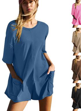 Womens Plain Solid Pocket Drop Shoulder Loose Half Sleeve