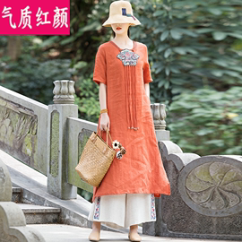 民族风复古亚麻刺绣短袖，连衣裙女夏装，中国风唐装v领长款棉麻裙子