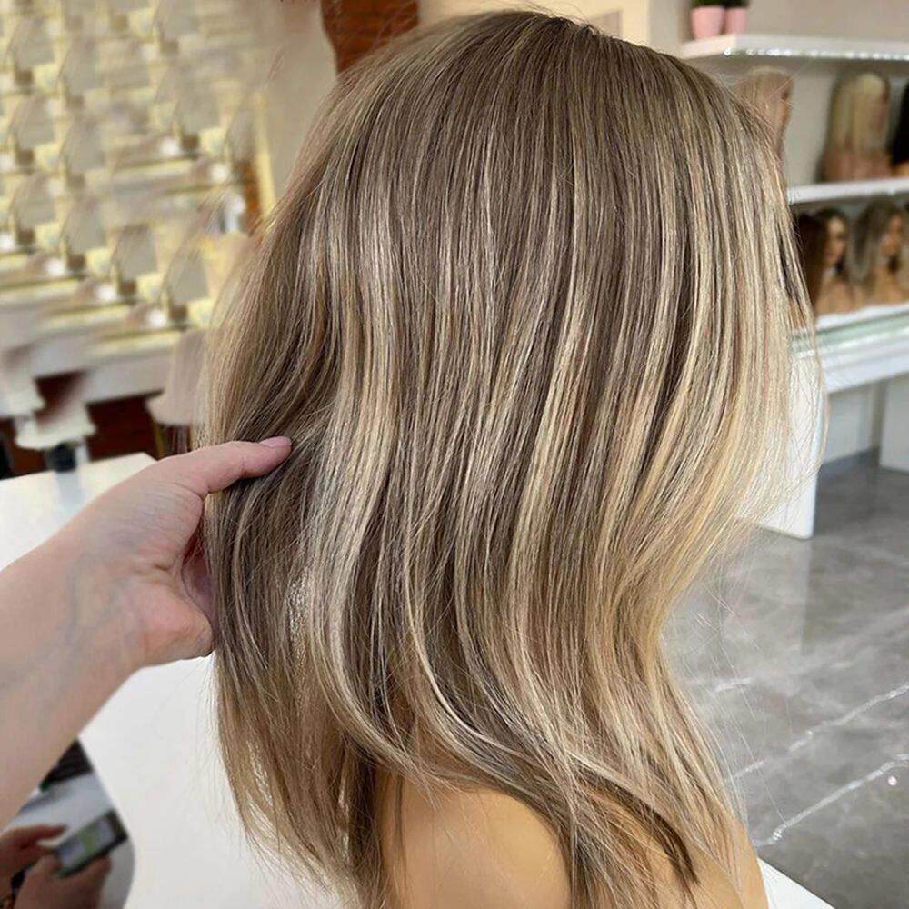 Highlight Wig Human Hair Straight Colored Brown Ombre blonde
