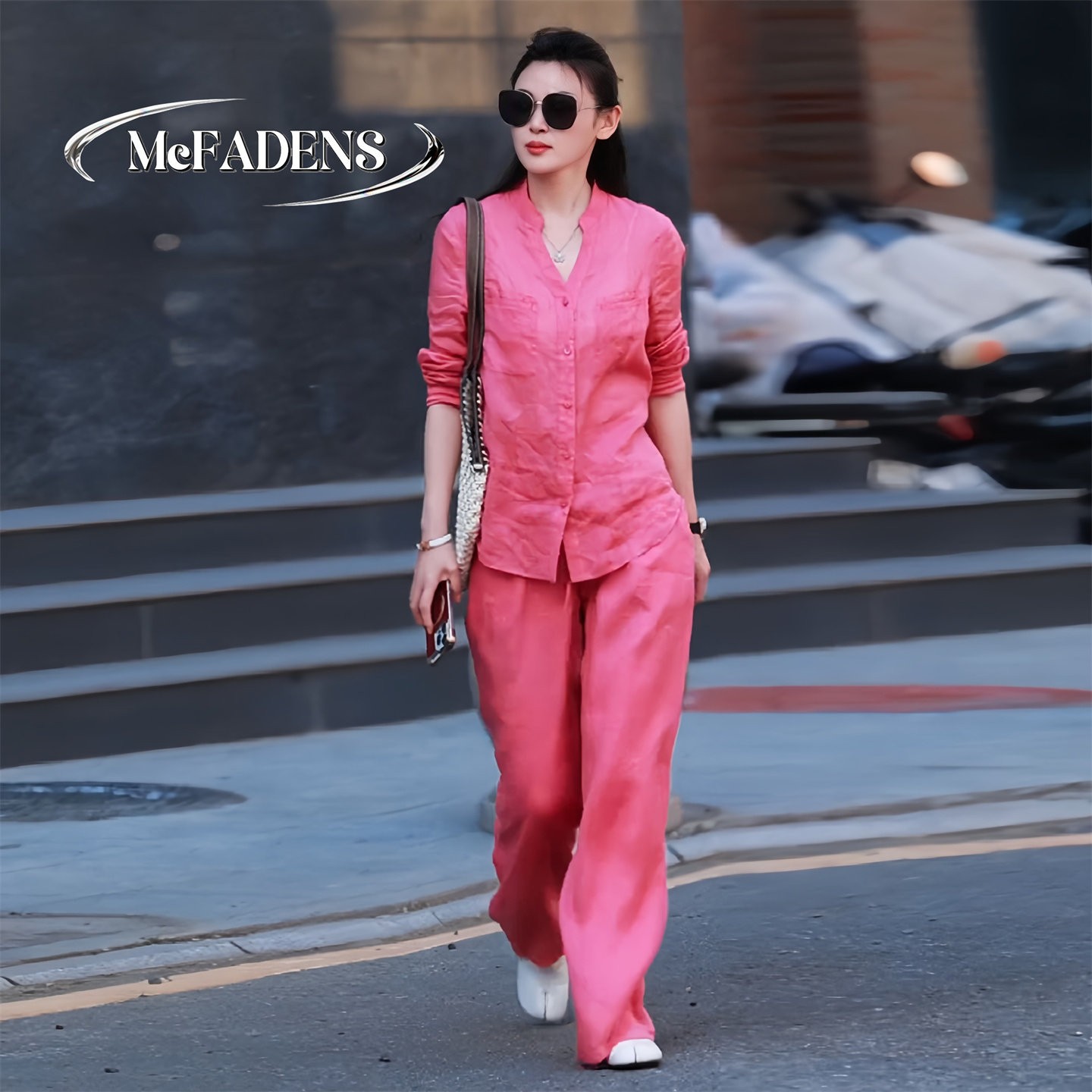 香港高级感休闲苧麻衬衫套装女夏款宽松薄款显瘦减龄直筒裤两件套