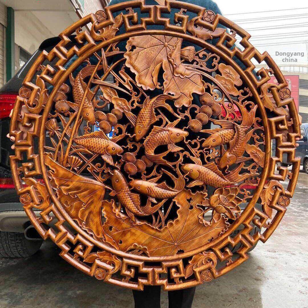 东阳木雕圆形挂件中式背景墙荷花九鱼图镂空玄关客厅背香樟木实木