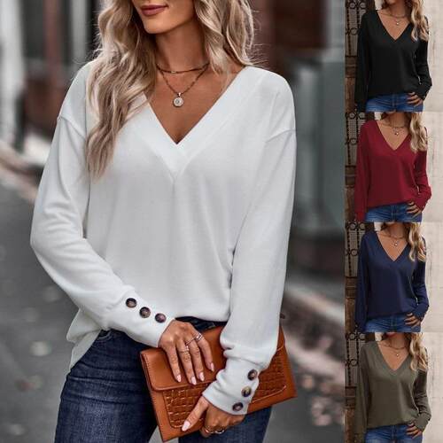 Women's V Neck Long Sleeve Shirt Casual Loose Fit Top Blouse