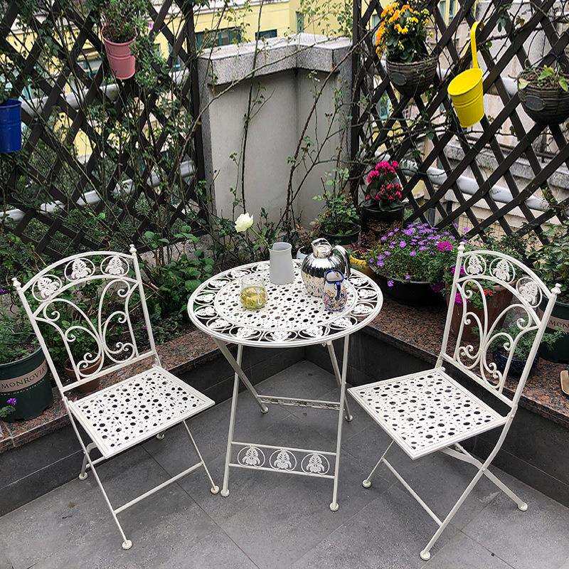 阳台小桌椅三件套组合花园露台铁艺折叠室外户外庭院休闲便携式