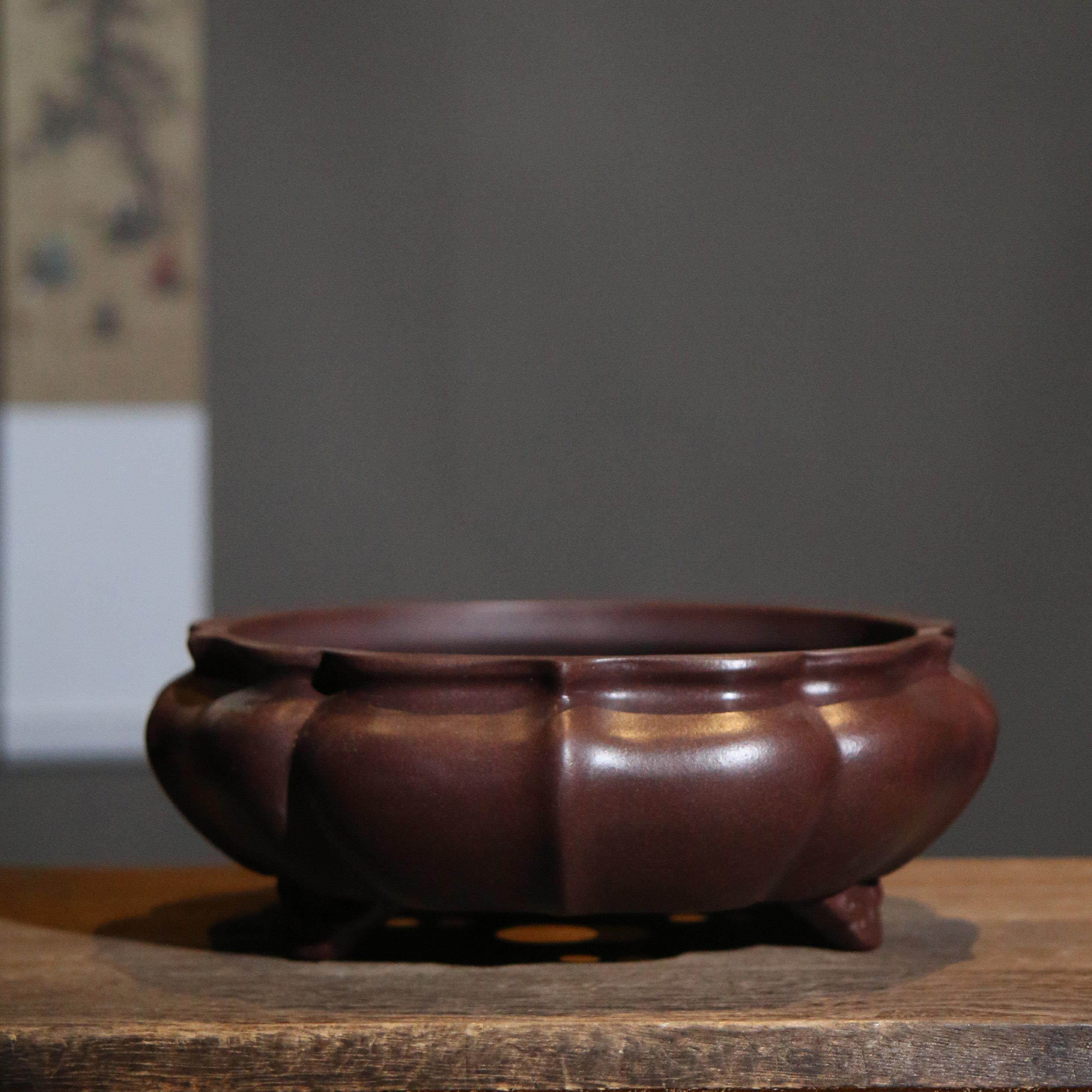 紫砂花盆圆形莲花筋纹器传统器觅陶乡新品原矿泥料盆景盆无孔