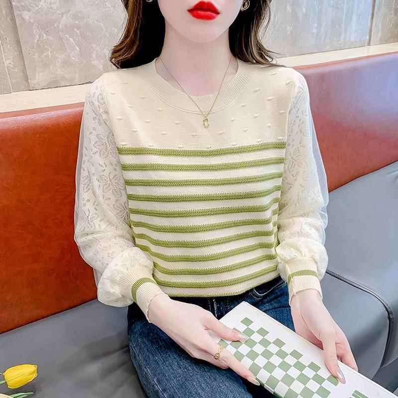 RIERA2024秋季新款蕾丝拼接条纹针织毛衣打底衫女冬装气质内搭女