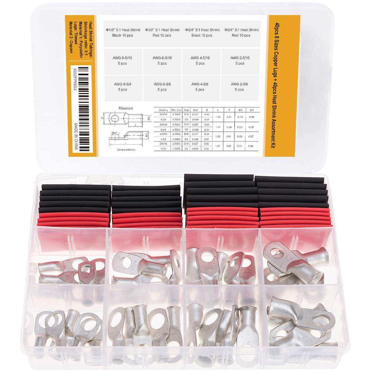 美规AWG80pcs镀锡热缩管铜线接线片AWG 8 6 4 2电池端子连接器