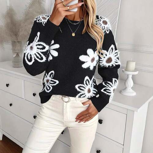 Sweater Womens Casual Knit Floral Fitted Autumn Winter New