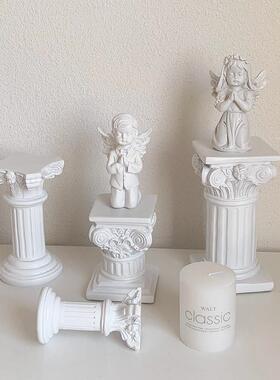欧式复古罗马柱可爱小天使摆件树脂石膏雕像女孩桌面装饰品道具