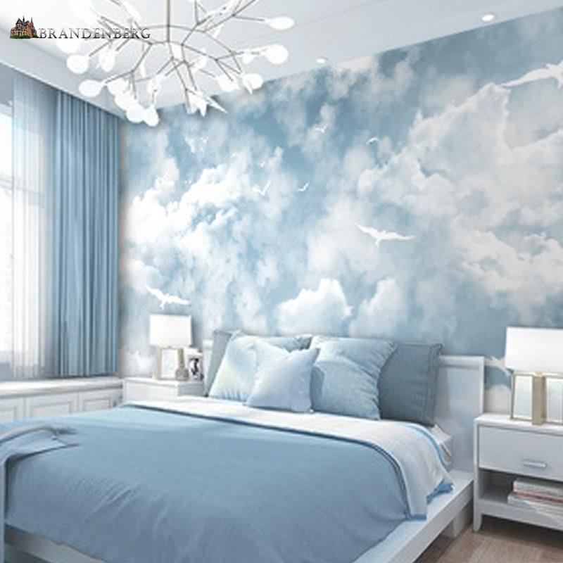 北欧ins清新手绘天空云朵飞鸟壁纸卧室电视背景墙纸壁画 画抽象墙