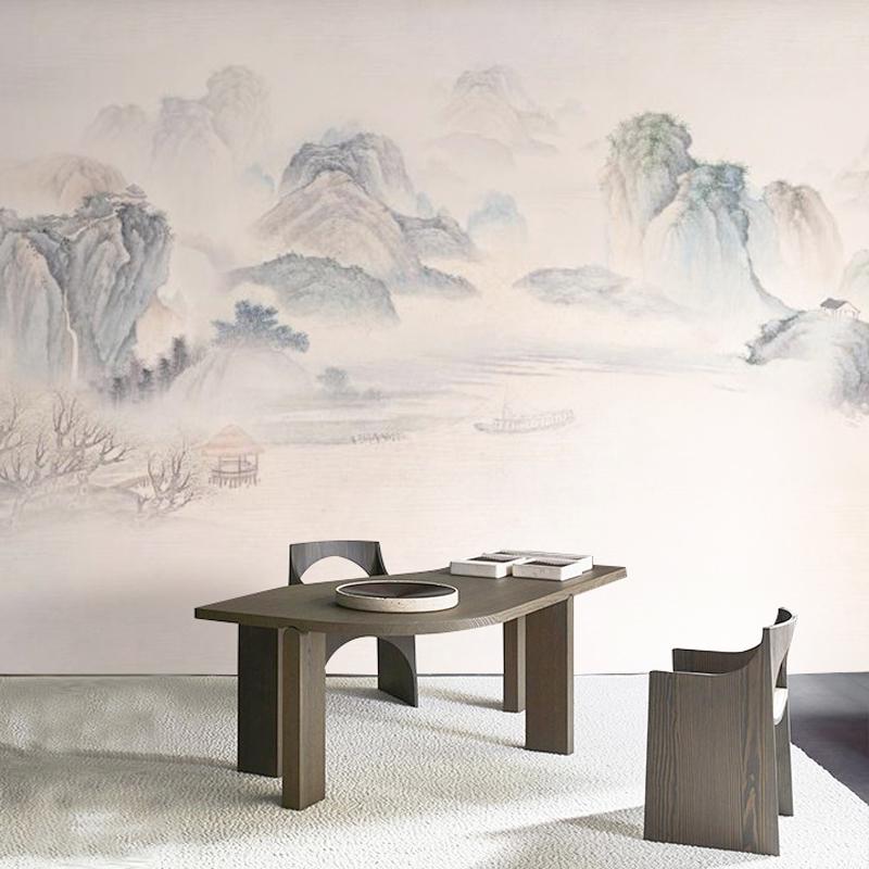 古风新中式水墨山水墙纸茶室雅致卧室沙发背景墙画定制油画布壁纸