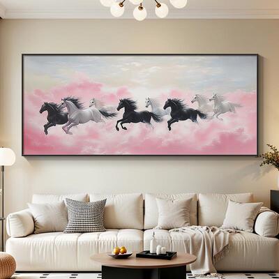 马的装饰画2025新款客厅沙发背景墙挂画粉色海浪壁画一整幅骏马图
