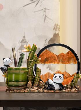 朱炳仁熊猫文创笔筒轻奢高级感流沙画摆件桌面送老师教师节礼物品