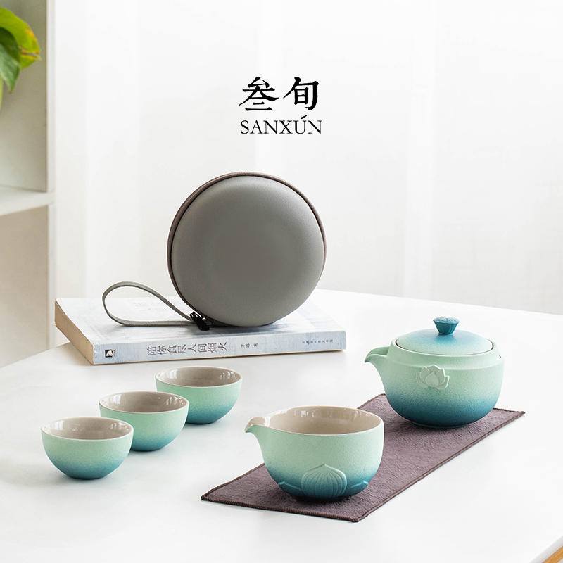 叁旬锦绣莲华快客杯便携式户外一壶三杯喝茶装备功夫旅行茶具套装
