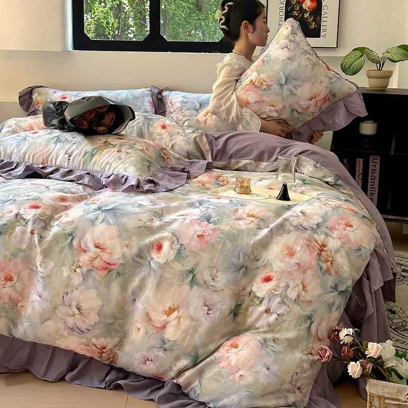 高端韩版法式蕾丝纯棉全棉公主风浪漫荷叶边田园花卉双层纱四件套