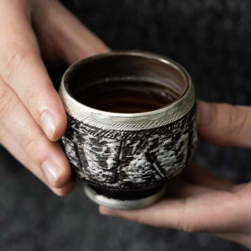 志野日式墨陶银彩木纹茶杯吉言杯品茗杯罗汉杯压手杯手工主人杯