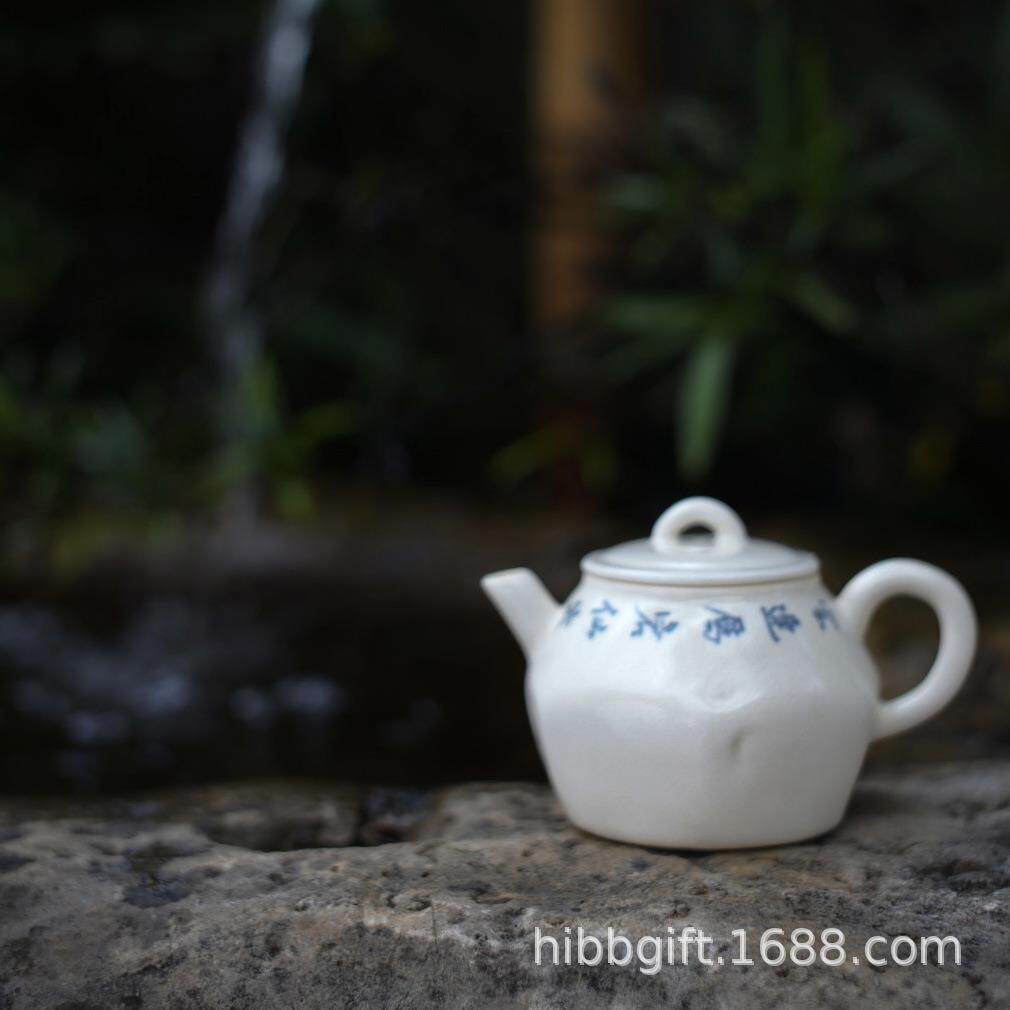 新品梵山堂泡茶壶陶泥粉引可开片茶壶青花手写诗文小陶壶小品壶