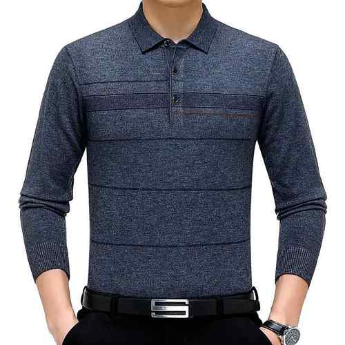 224秋冬新款翻套头长袖羊绒T恤中领年针8236-B+男士0条纹爸爸装织