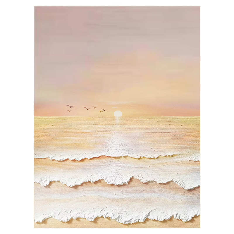 奶油风肌理画手绘油画风景沙滩日出玄关装饰画现代简约客厅挂画