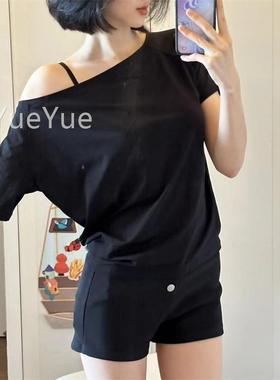 ZAV季K女224夏新品ZAVK-561韩系一字肩宽松显0瘦短袖上衣纯色斜肩