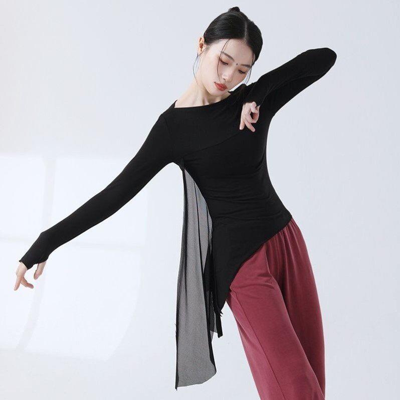 现代舞蹈服练功服女秋季新款身韵舞衣长袖套指飘逸修身上衣形体服