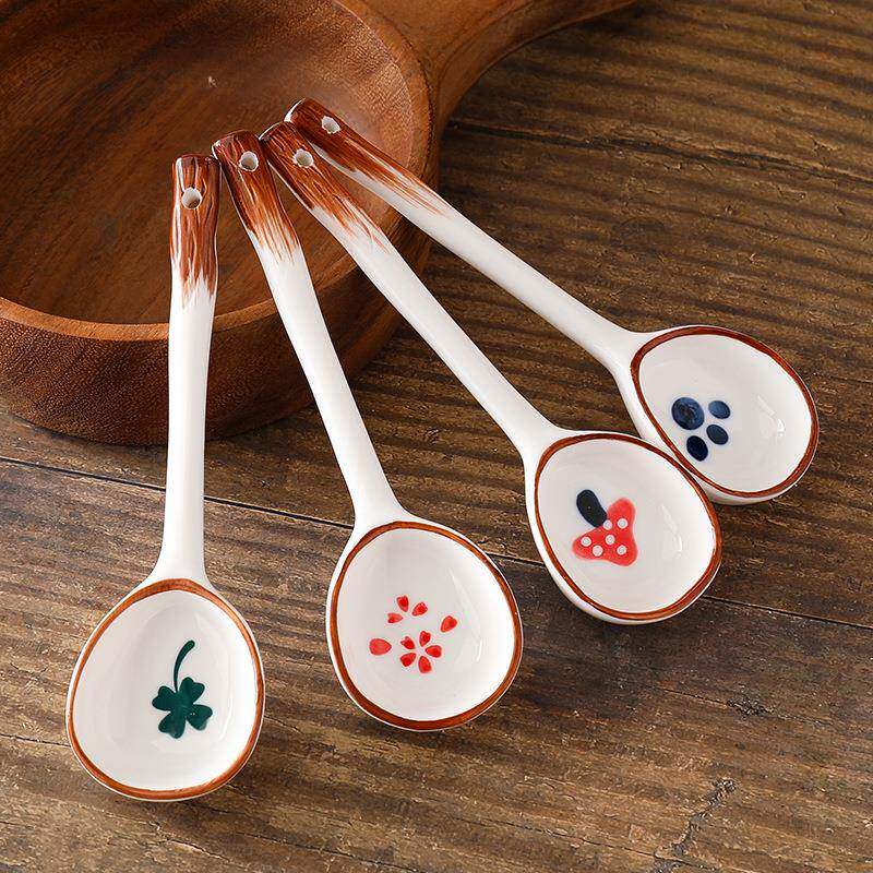 陶瓷勺子釉下彩家用小汤勺长柄搅拌勺高颜值喝汤调羹吃饭圆头勺子
