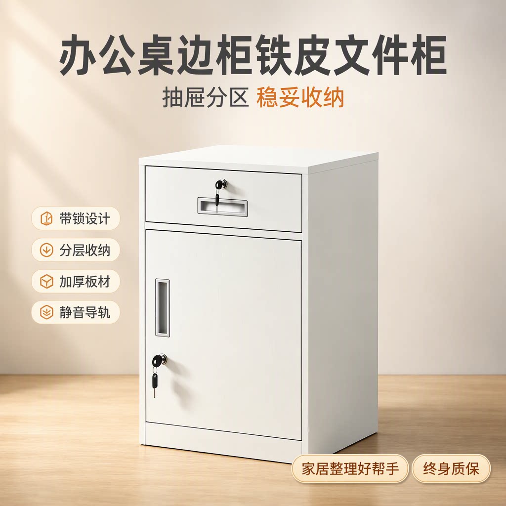 铁皮文件柜办公桌边柜带锁抽屉小矮柜资料收纳静音导轨终身质保