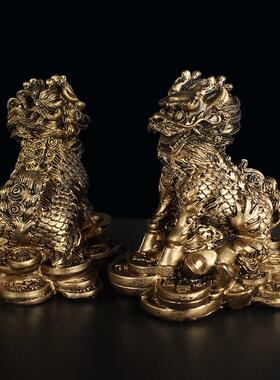 金色古铜麒麟摆件一对中式祈福家居装饰摆设地摊货源