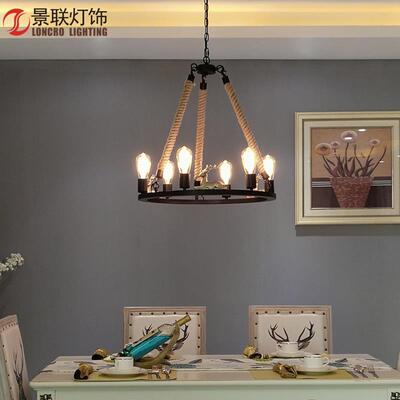 G9078-美式乡村麻绳吊灯复古铁艺工业风餐厅灯创意客厅酒