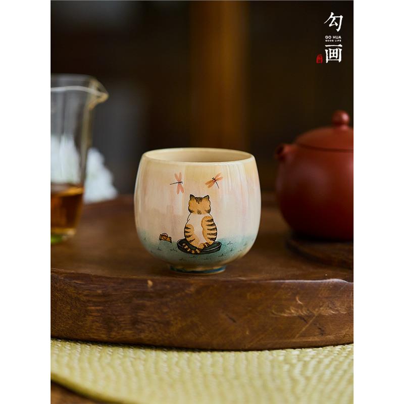 窑变复古茶杯主人杯手绘橘猫背影女生茶具可爱品茗杯