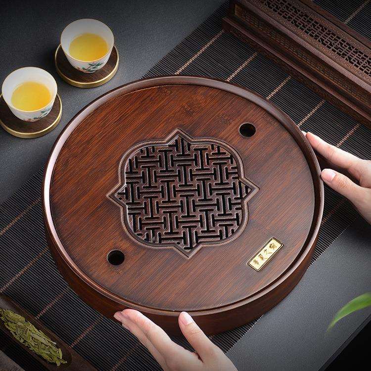 竹子制圆形茶盘家用小型茶海茶台干泡盘储水式茶具托盘沥水日式中