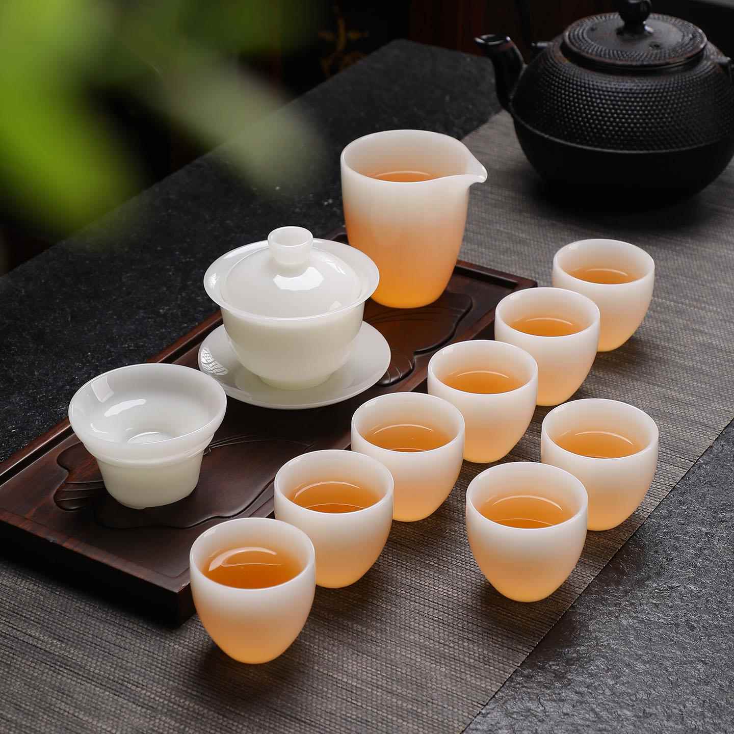 璞玉茶具套装高档冰种玉瓷功夫茶具悬停盖碗家用简约办公室泡茶杯