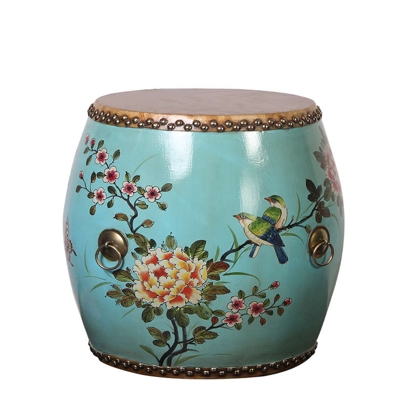 中式实木鼓凳茶几凳子矮凳客厅换鞋凳柜牛皮彩绘做旧圆坐墩包邮