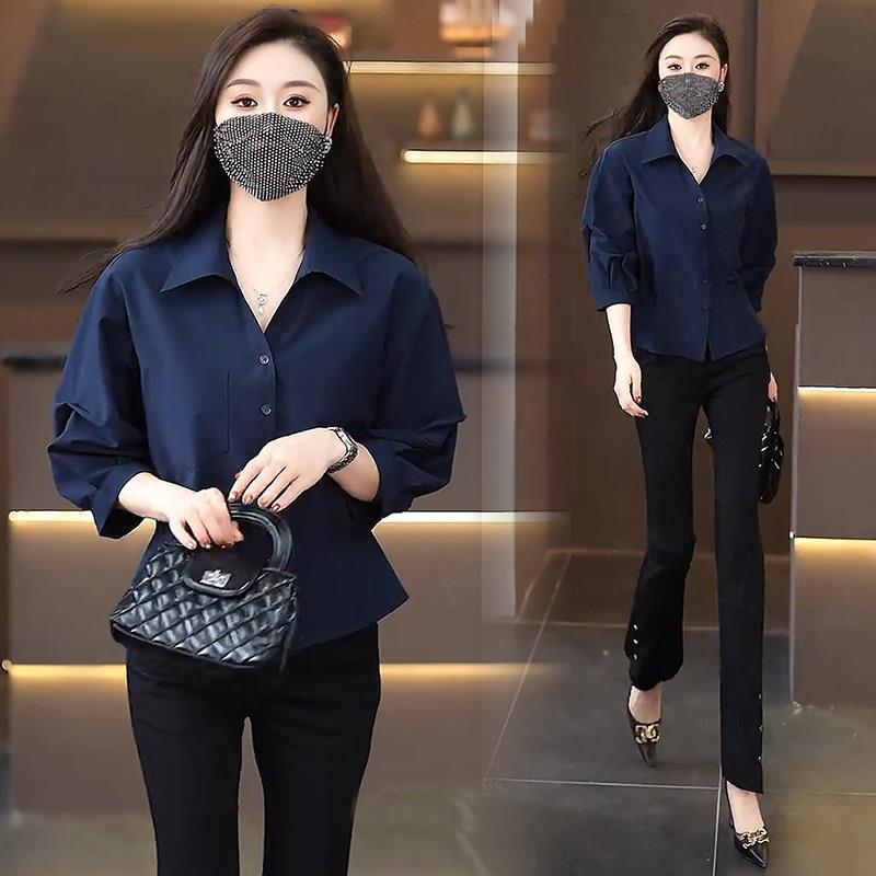 新品法式时尚衬衫女士春秋新款洋气休闲七分袖衬衣宽松遮肚子减龄