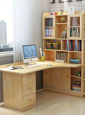 K8实木转约童角书桌书架F77T6J56组合书柜一体卧室儿学习式写字桌