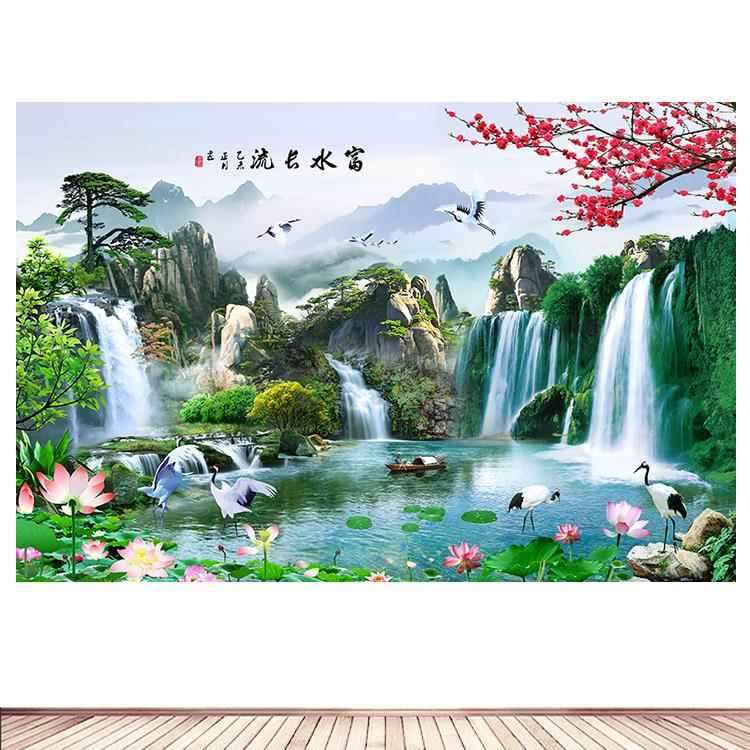八方进财流水生财客厅电视背景墙装饰荷花迎客松仙鹤墙贴壁画自粘图片