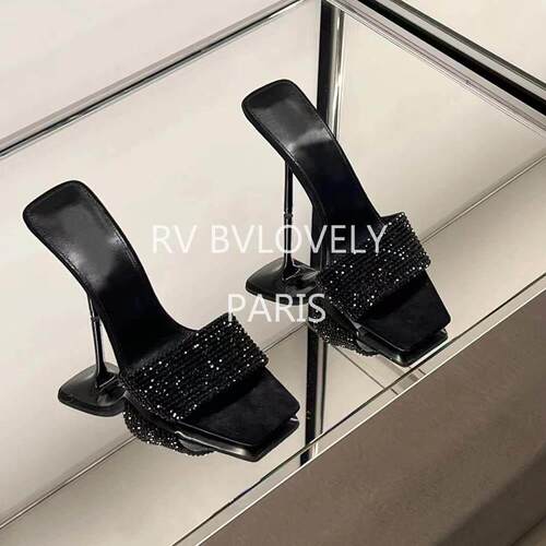rv bvlovely水钻一字带凉拖鞋方头露趾细跟性感水钻高跟鞋凉拖