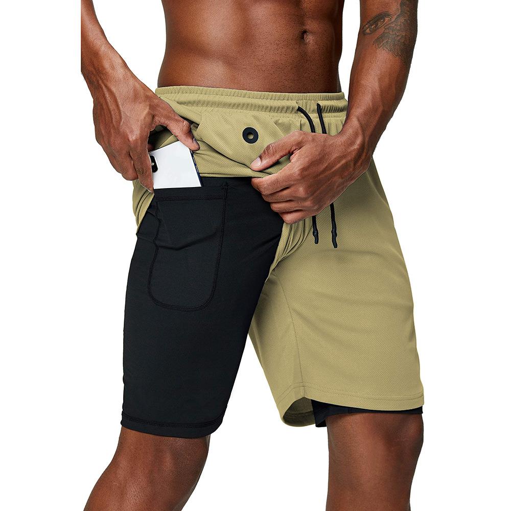 Mens 5-point fake two-piece quick-drying pocket drawstring