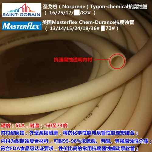 圣戈班Norprene Tygon-chemical Chem-Durance铁氟龙内衬蠕动泵管