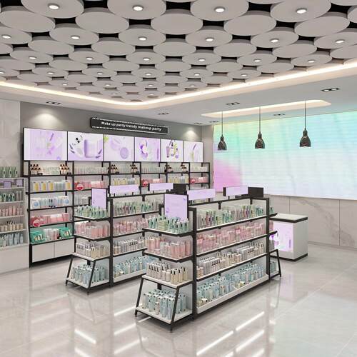 化妆品美妆货架展示柜美甲店收银台钢木多层组合彩妆双面中岛货柜