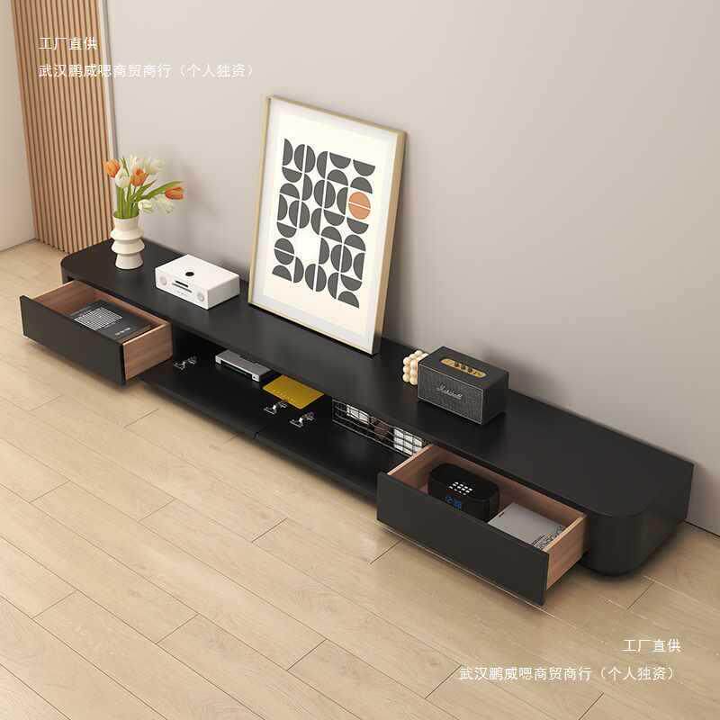 岩板电视柜实木黑极简轻奢落地小户型储物地台茶几电视柜组合整装